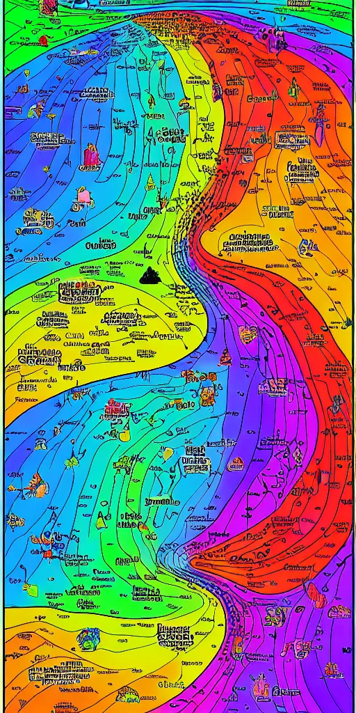 Image similar to infographic map of a heavenly realm split into regions with population information and statistics in the style of a three dimensional map highly detailed digital saturated colors full color inked drawn by bob ross and lisa frank