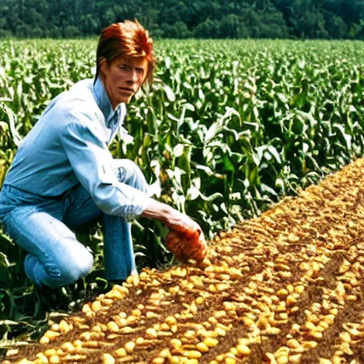 Prompt: david bowie harvesting corn from his garden