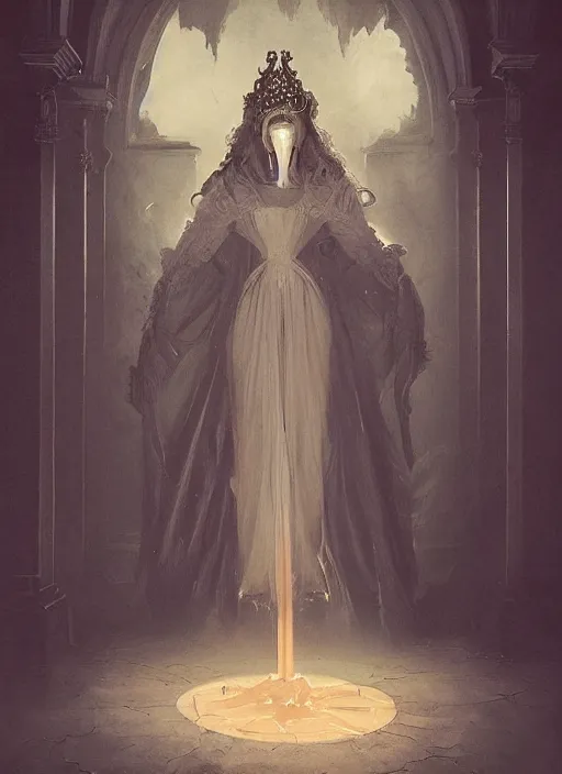 Prompt: hyper realistic photo of baroque dark luxury queen ethereal ghost full body, symmetric, rule of thirds, cinematic, greg rutkowski, brom, james gurney, mignola