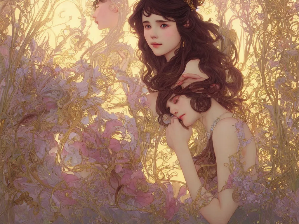 Image similar to iu novel close up cover, highly detailed, gold filigree, romantic storybook fantasy, soft cinematic lighting, award, disney concept art watercolor illustration by mandy jurgens and alphonse mucha and alena aenami, pastel color palette, featured on artstation