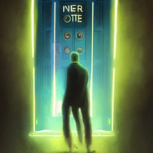 Image similar to neon palette, Keir Starmer stepping out of the tardis, ridley scott universe, mysterious, ultrarealistic, cinematic lighting, 4k, wide angle, beksinski