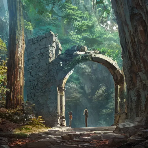 Image similar to concept art painting of an ornate ancient stone archway, in the woods, realistic, detailed, cel shaded, in the style of makoto shinkai and greg rutkowski and james gurney