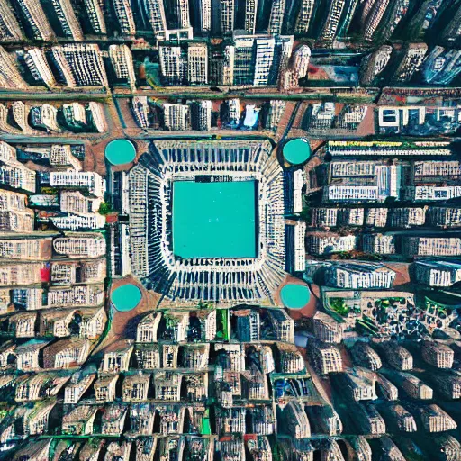 Image similar to a city on a computer chip, drone shot, micro picture