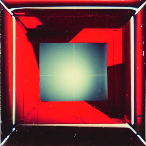 Prompt: chrome spheres on a red cube, polaroid sx-70 photograph