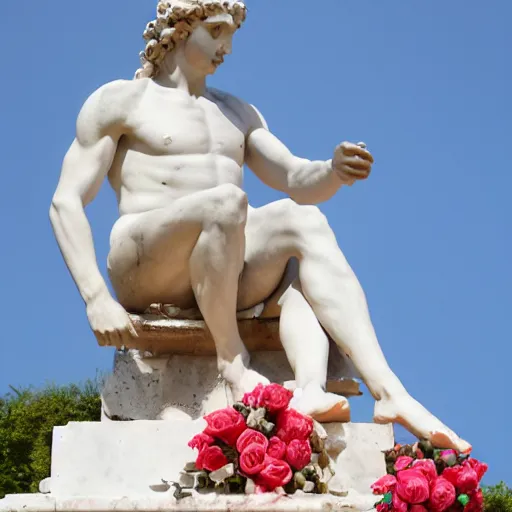 Image similar to greek statue covered in roses, roses on statue, marble statue