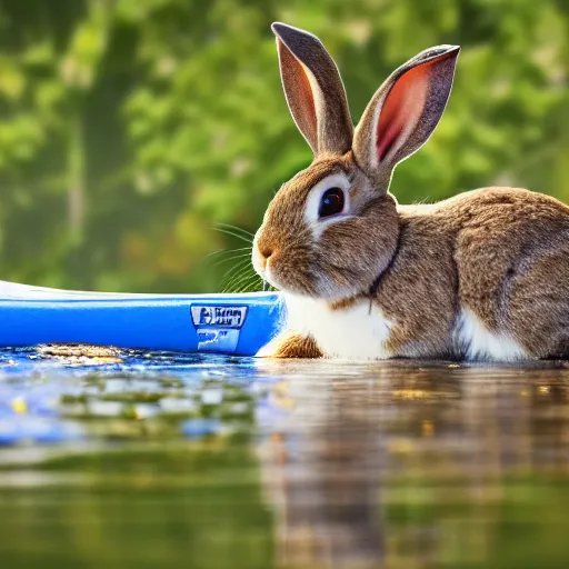 Prompt: a rabbit kayaking on a small river, photorealism 4k