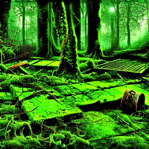 Image similar to an old forgotten junk yard in the forest, with moss and ivy, detailed, realistic digital art,