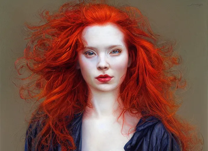 Image similar to a highly detailed beautiful portrait of woman with flaming fiery hair, james gurney, james jean