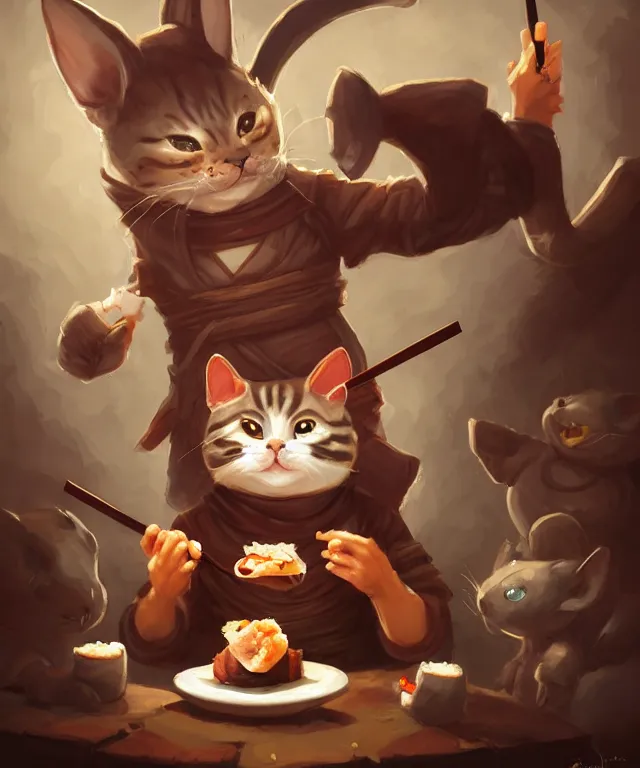 Prompt: a portrait of an anthropomorphic ninja cat eating sushi,, standing in a restaurant surrounded by mice!, cute and adorable, dnd character art portrait, well rendered matte fantasy painting, deviantart artstation, by jason felix by steve argyle by tyler jacobson by peter mohrbacher, cinematic lighting