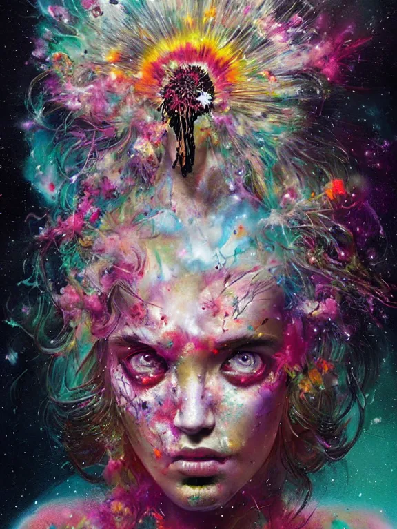 Image similar to art portrait of space zombie with flower exploding out of head,8k,by tristan eaton,Stanley Artgermm,Tom Bagshaw,Greg Rutkowski,Carne Griffiths,trending on DeviantArt,face enhance,hyper detailed,minimalist,cybernetic, android, blade runner,full of colour,