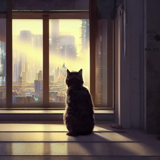 Image similar to Big european shorthair cat and small fluffy kitten from the back in the apartment room looking to window in a cyberpunk city, soft god rays from city lights outside the window, unreal engine 5, soft neon atmosphere, photorealistic, soothing colors, somber melancholic matte painting, hyperrealism, hyperrealistic, cinematic masterpiece, cyberpunk style 8k ultrahd octane render