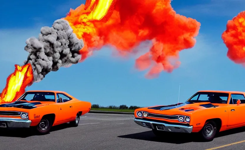 Image similar to a orange 1 9 7 0 plymouth road runner superbird driving high speed, fire explosion in the background, action scen. blue sky realistic. high resolution. dramatic