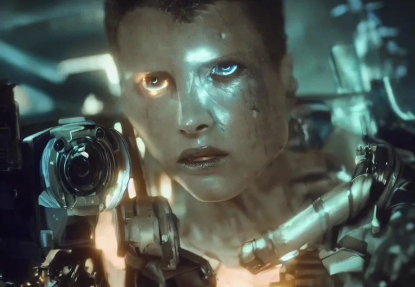 Prompt: vfx film, vaporwave space pirate destiny prototype technology, blade runner mad max cyborg, translucent skin revealing skull, biotech thief, flat color profile low - key lighting award winning photography arri alexa cinematography, hyper real photorealistic cinematic beautiful natural skin, famous face, atmospheric cool colorgrade