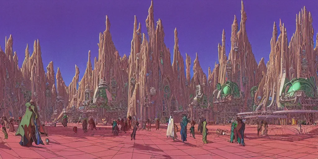 Image similar to cel shaded cinematic shot, matte illustration, the interior of a sci - fi space station with ornate elven architecture bustling with people, epic castle, emerald, crystalline, detailed illustration, sharp focus, crisp lines, art by moebius, jean giraud moebius comic illustration