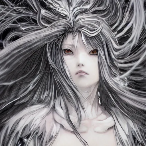 Image similar to Yoshitaka Amano realistic illustration of an anime girl with black eyes, wavy white hair fluttering in the wind and cracks on her face wearing Elden ring armour with engraving, abstract black and white patterns on the background, noisy film grain effect, highly detailed, Renaissance oil painting, weird portrait angle, blurred lost edges, three quarter view