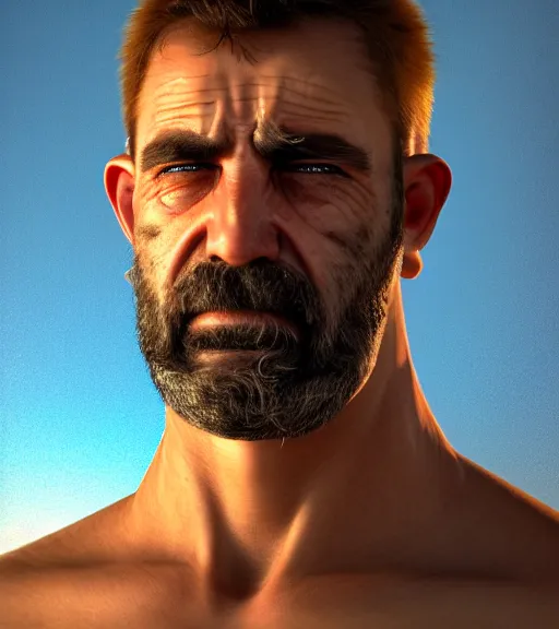Image similar to portrait of muscular, tired and alcoholic 3 0 - year - ol 5 grieving man with short darkblonde hair, serious sad look in his eyes, looking down, dirty beard, blue eyes, crying tears, wearing dirty soldier uniform, on the desert, sad atmosphere, hyper realistic face, character art, art by mark brooks, cryengine, trending on artstation, digital art