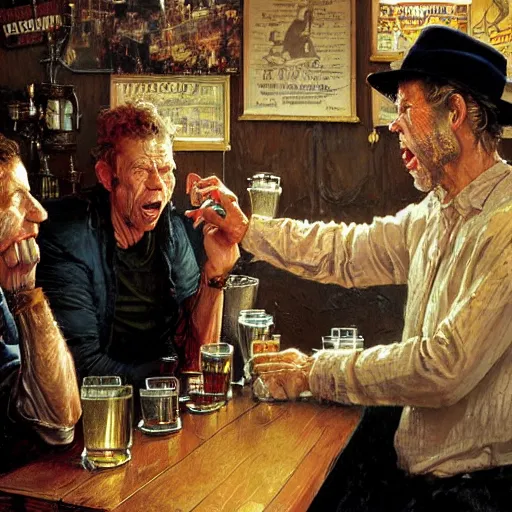 Image similar to Tom Waits singing in a pub, highly detailed, digital painting, artstation, concept art, smooth, sharp focus, illustration, art by james gurney and norman rockwell and greg rutkowski chuck close