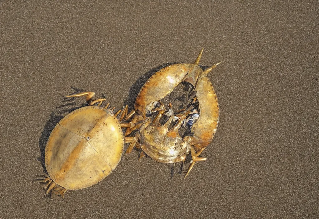 Prompt: A photo of a horseshoe crab made of gold in the beach