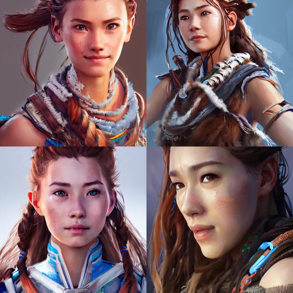 Prompt: portrait of Aloy from Horizon: Zero Dawn, >>smiling<<, highly detailed, digital painting, artstation, concept art, smooth, sharp focus, illustration, art by Artgerm