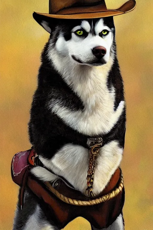 Image similar to a portrait painting of a husky in cowboy costume in the style of anime, a fistful of dollars, per un pugno di dollari