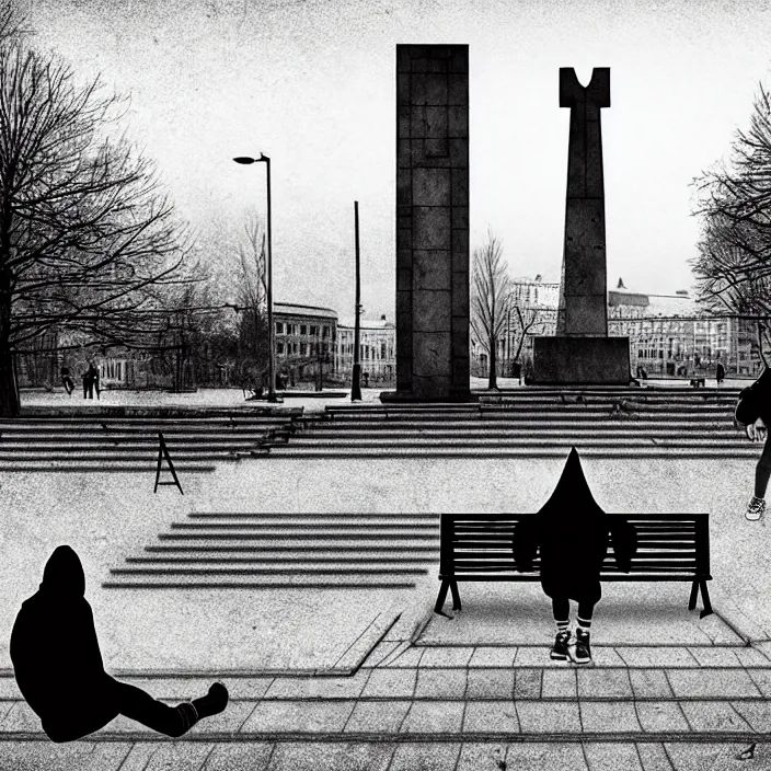 Prompt: sadie sink in hoodie sits on bench in ruined square, pedestrians walk by. background of old soviet monument and pedestrians. storyboard, scifi cyberpunk. by gabriel hardman, joe alves, chris bonura. cinematic atmosphere, detailed and intricate, perfect anatomy