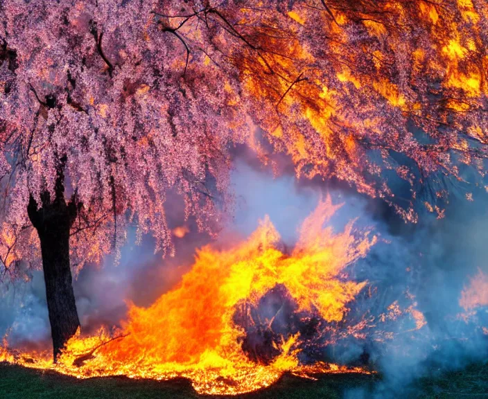 Prompt: 4 k hd, high detail photograph of blossoming tree surrounded by fire, shot with sigma f / 4. 2, 2 5 0 mm sharp lens, wide shot, consistent, volumetric lighting, high level texture render