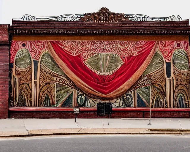 Image similar to photo of an outdoor mural of an opera house from the early 1 9 0 0 s in the style of art nouveau, red curtains, art nouveau design elements, art nouveau ornament, opera house architectural elements, painted on a brick wall, outdoor mural, mucha