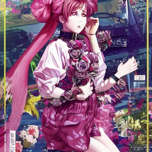 Image similar to Magazine Cover Anime key visual of a Gucci girl; official media; typography; drawn by Hirohiko Araki; Jojo's Bizarre Adventure; Jojolion, portrait, made by Stanley Artgerm Lau, WLOP, Rossdraws, James Jean, Andrei Riabovitchev, Marc Simonetti, Yoshitaka Amano, ArtStation