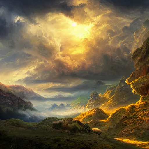 Image similar to fantasy book cover painting, dramatic shot of a lively landscape in the country, ultradetailed, wallpaper, 4k, prismatic