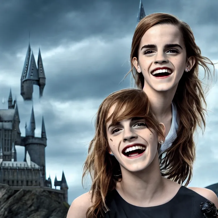 Image similar to Joyful!!! smiling Emma Watson wearing cyborg prosthetic. From Her (2013). Clear Hands. Clear body. Light Clothes. Hogwarts as Background. Cinematic. Professional Photo. UHD. 8k. Clear Face.