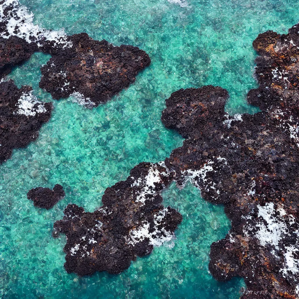 Image similar to birds eye view tide pools, clear pools of water with swirling sea foam and colorful anemones, dark black volcanic rock, floating kelp, small fishes, octopus