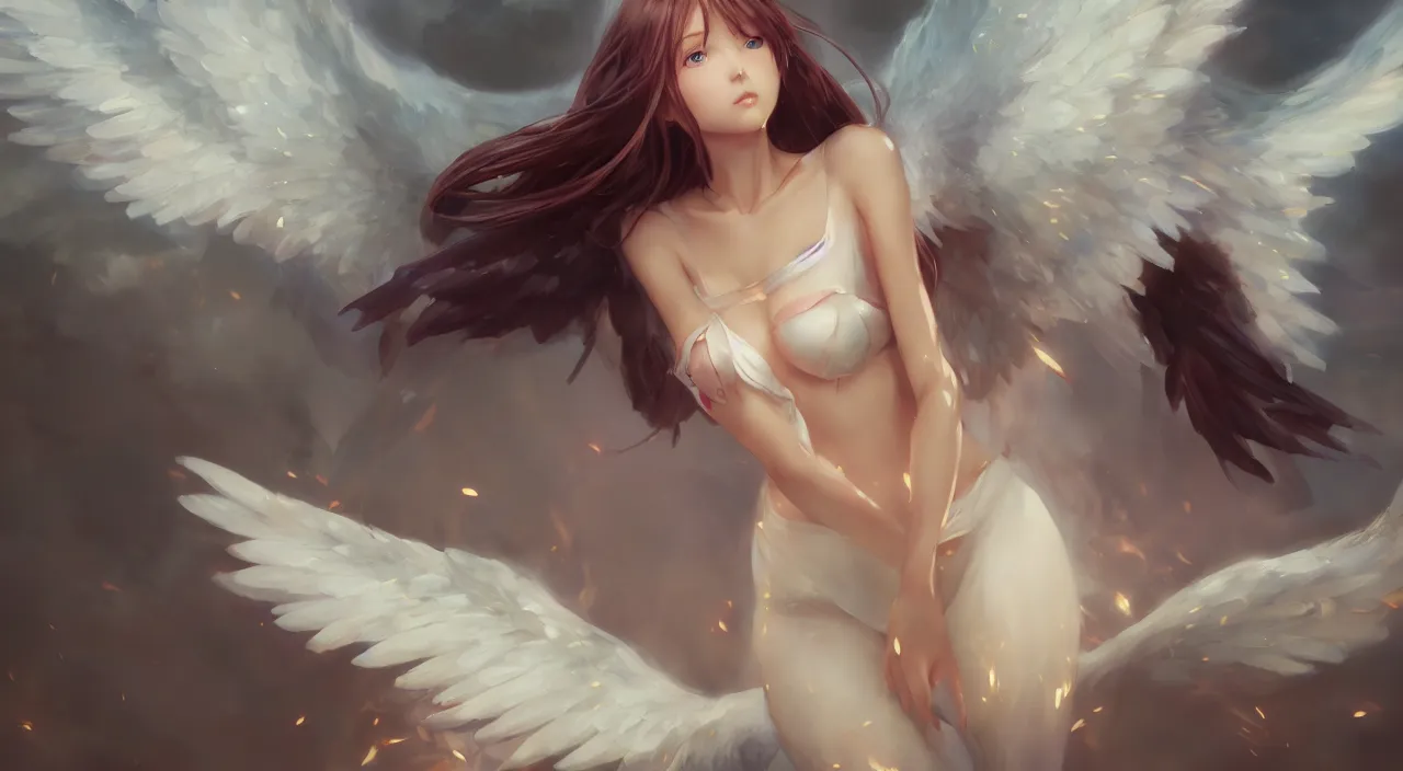 Image similar to an oil painting of a beautiful anime girl with angel wings, by artgerm, wlop and greg rutkowski, hd, hdr, ue 5, ue 6, unreal engine 5, cinematic 4 k wallpaper, 8 k, ultra detailed, high resolution, artstation, award winning