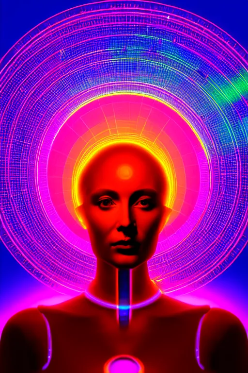 Prompt: portrait of the goddess of artificial intelligence as a hologram, in front of a rainbow of data, threads of light in the background, extremely high quality artwork, very detailed, anthropomorphic silhouette, trending on artstation