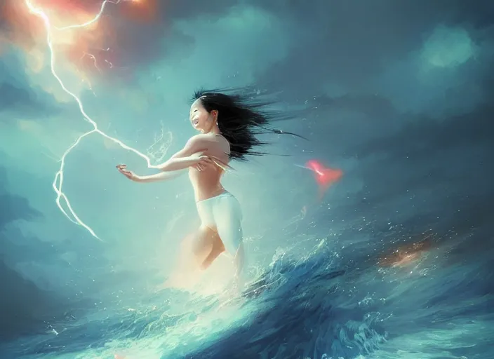 Prompt: seductive lee jin - eun running on water at super speed, emerging from multiversal galactic portal, splashes of lightning behind her, zooming past a jet, by ilya kuvshinov, peter mohrbacher, ruan jia, and james jean, aivazovsky, rule of thirds, coherent symmetry, close up, majestic, beautiful eyes