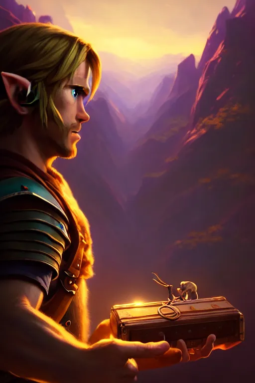 Image similar to cinematic shot of an epic portrait of link from zelda playing hes ocarina, shiny skin, beautiful eyes, beautiful, small details, night setting, realistic poster with volumetric light from craig mallism, artgerm, jeremy lipkin and michael garmash, unreal engine, radiant light, detailed and complex environment, digital art, trends at art station, a masterpiece