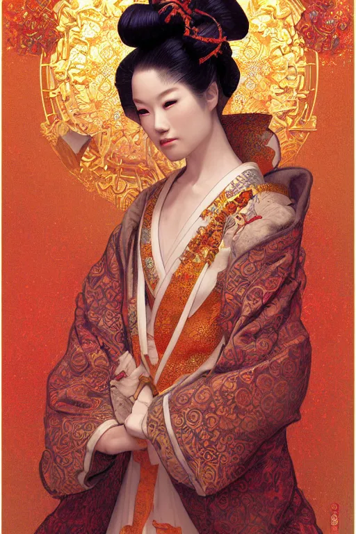 Prompt: tarot card artstation, portrait of a geisha love dancer, sunrise, baroque ornament and rococo ornament, ancient chinese ornate, hyperdetailed, beautiful lighting, craig mullins, mucha, klimt, yoshitaka amano, red and gold and orange color palette