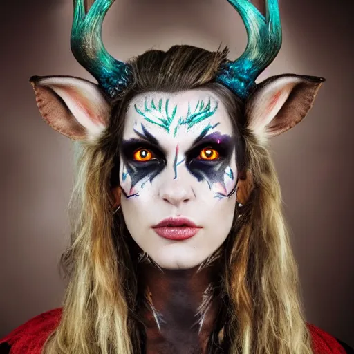 Image similar to tiefling druid with deer antlers growing out of their head blonde hair and large tribal jewelry and face paint