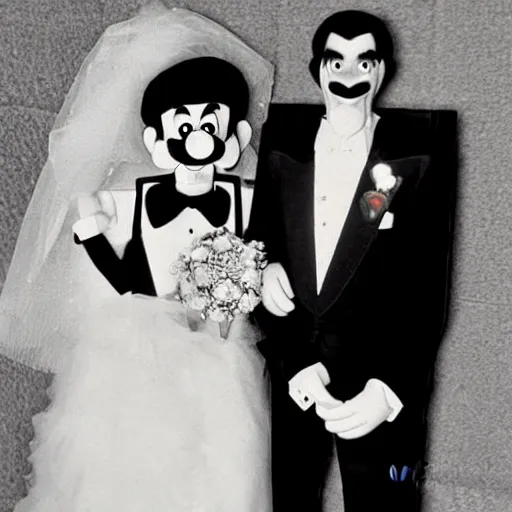 Image similar to Waluigi and Mario’s wedding photograph, circa 1985