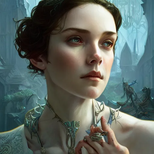 Image similar to portrait of an eldrich horror, D&D, fantasy, intricate, elegant, highly detailed, digital painting, artstation, concept art, smooth, sharp focus, illustration, art by artgerm and greg rutkowski and alphonse mucha