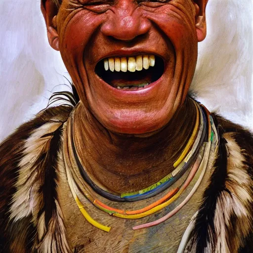 Image similar to high quality high detail painting by lucian freud, hd, portrait of a indigenous tribe leader laughing, photorealistic lighting