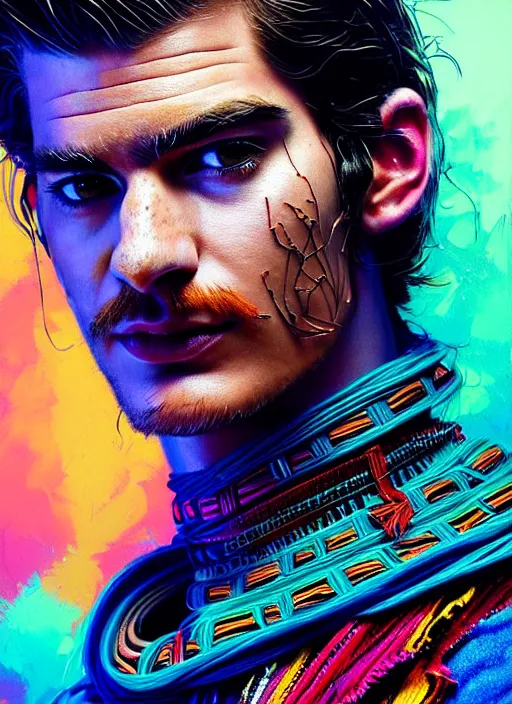 Image similar to portrait of andrew garfield, hyper detailed ultra sharp aztec shaman warrior. trending on artstation, warpaint aesthetic, bloodwave, colorful, psychedelic, ornate, intricate, digital painting, concept art, smooth, sharp focus, illustration, art by artgerm and greg rutkowski and h. r. giger, 8 k