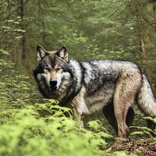 Image similar to werecreature consisting of a wolf and a human, photograph captured in a forest