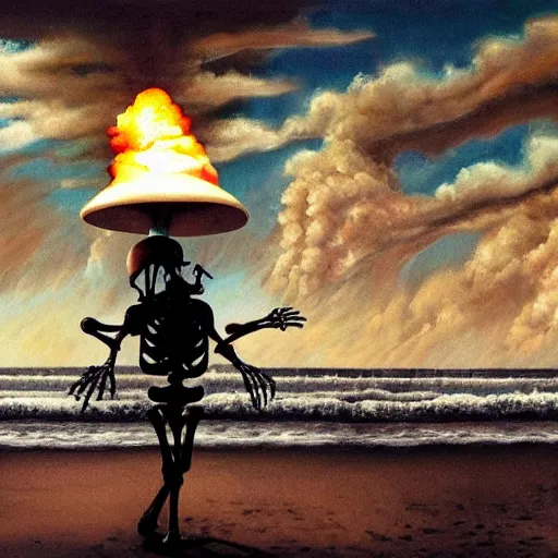 Image similar to a skeleton walking on a beach next to the ocean with nuclear bomb explosion in the background, a naturalism painting by Storm Thorgerson, featured on cg society, matte painting, realistic, chillwave, anatomically correct, light colors, photo-realistic huge mushroom-cloud, skull, hands