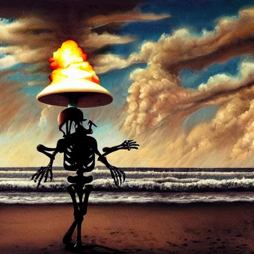 Prompt: a skeleton walking on a beach next to the ocean with nuclear bomb explosion in the background, a naturalism painting by Storm Thorgerson, featured on cg society, matte painting, realistic, chillwave, anatomically correct, light colors, photo-realistic huge mushroom-cloud, skull, hands