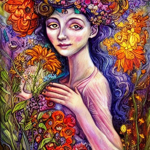 Prompt: a painting of a a woman with flowers in her hair, a storybook illustration by josephine wall, watercolor painting by alice mason, deviantart, metaphysical painting, storybook illustration, detailed painting, whimsical, psychedelic art, detailed painting