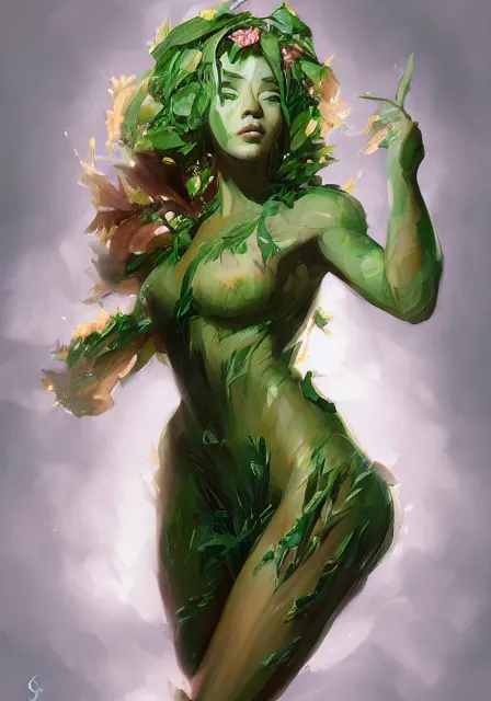 Image similar to greg manchess a realistic anime portrait of a beautiful dryad with glowing green eyes and tree bark skin wearing clothes made of leaves, digital painting, by stanley artgerm lau, sakimichan, wlop and rossdraws, digtial painting, trending on artstation