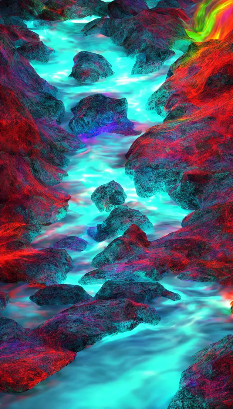 Prompt: dslr hd photo of glowing neon colored river flowing between mountain range, surrealism art style, octane render, hyper realistic