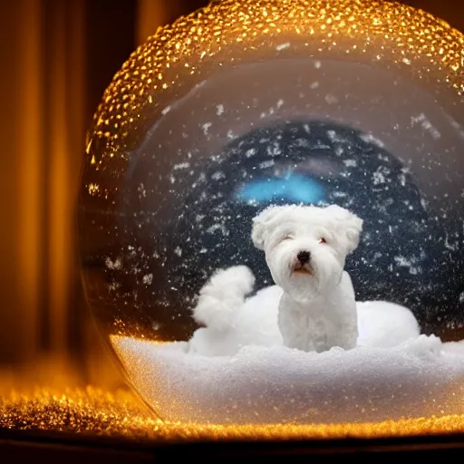 Prompt: a photorealistic photograph of a white bichon inside of a snow globe. illuminated scene. depth of field. fine detail. this 4 k hd image is trending on artstation, featured on behance, well - rendered, extra crisp, features intricate detail, epic composition and the style of unreal engine.