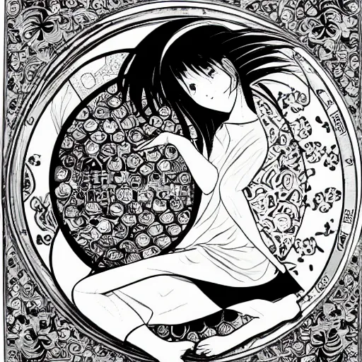 Image similar to portrait of a girl with a yin - yang ball at her feet, detailed manga art panel, professional