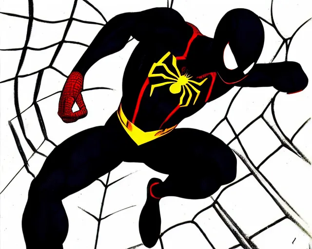 Image similar to photorealistic sketch of black spider - man with gold webbing by steve ditko